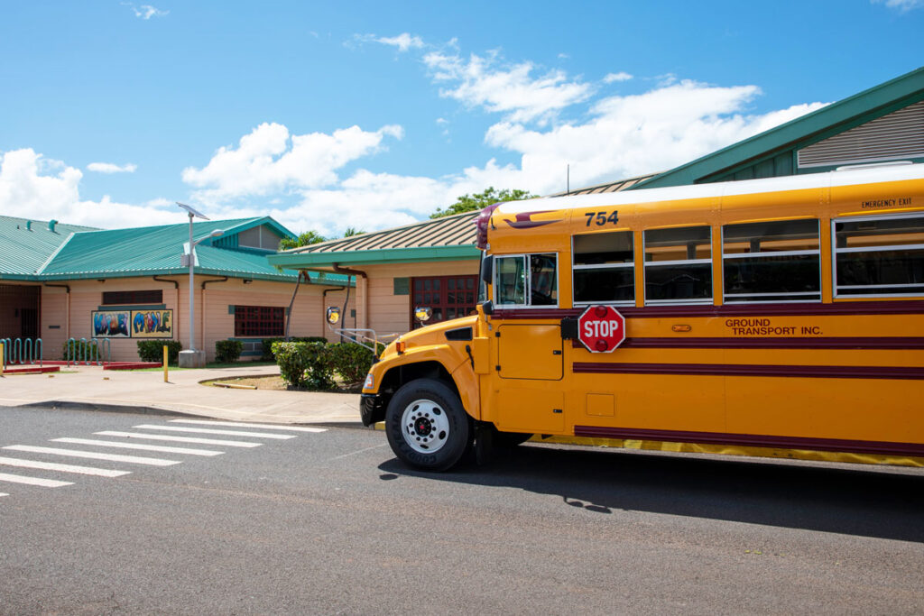 School Bus in front of a school