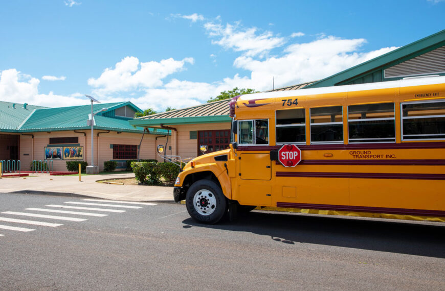 School Bus in front of a school