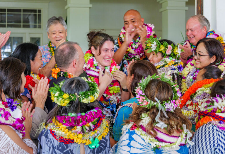 Photo of J. Elise Hannigan being named 2026 Hawaiʻi State Teacher of the Year.