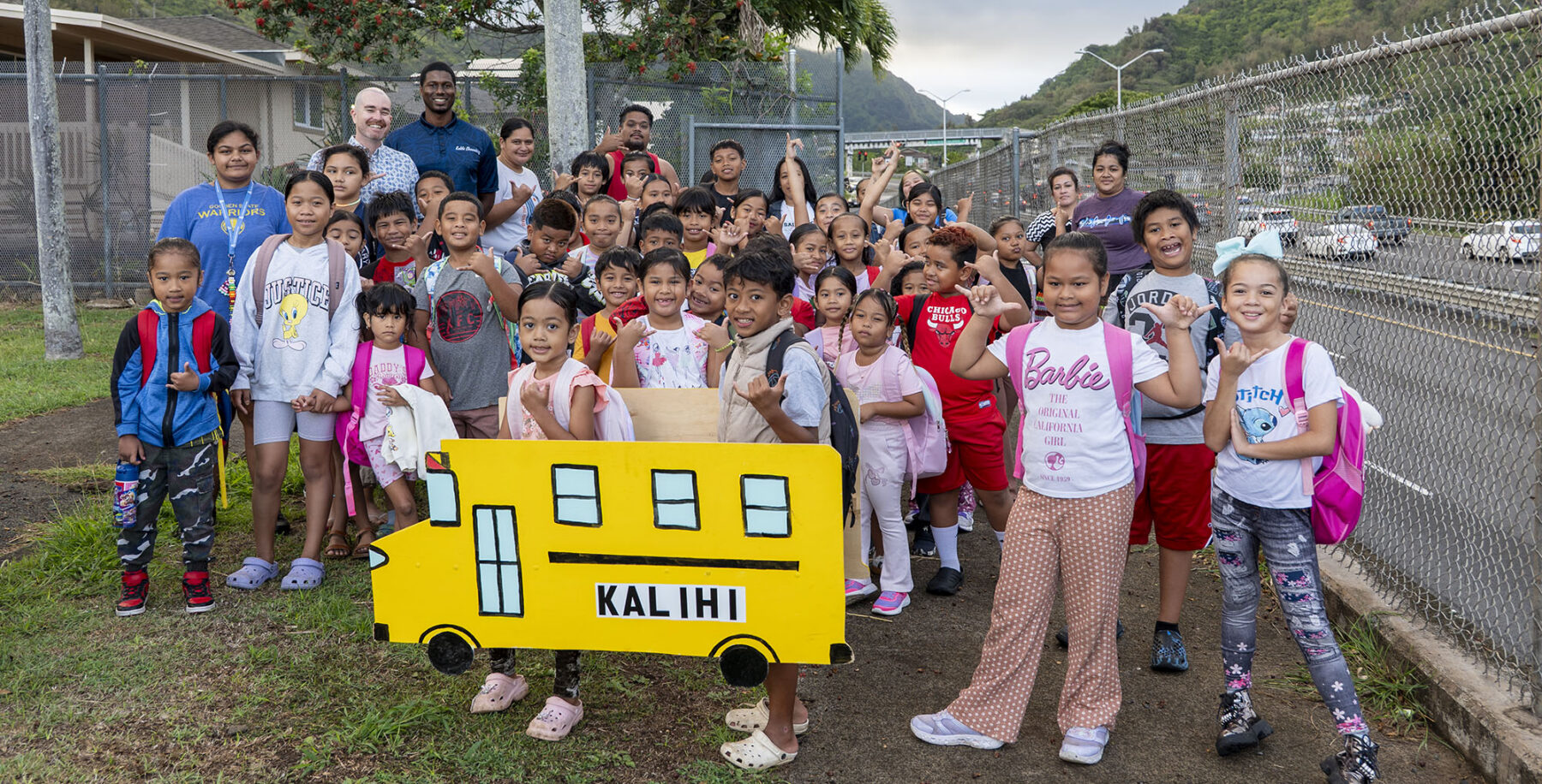Kalihi Elementary School students with their "Walking School Bus."