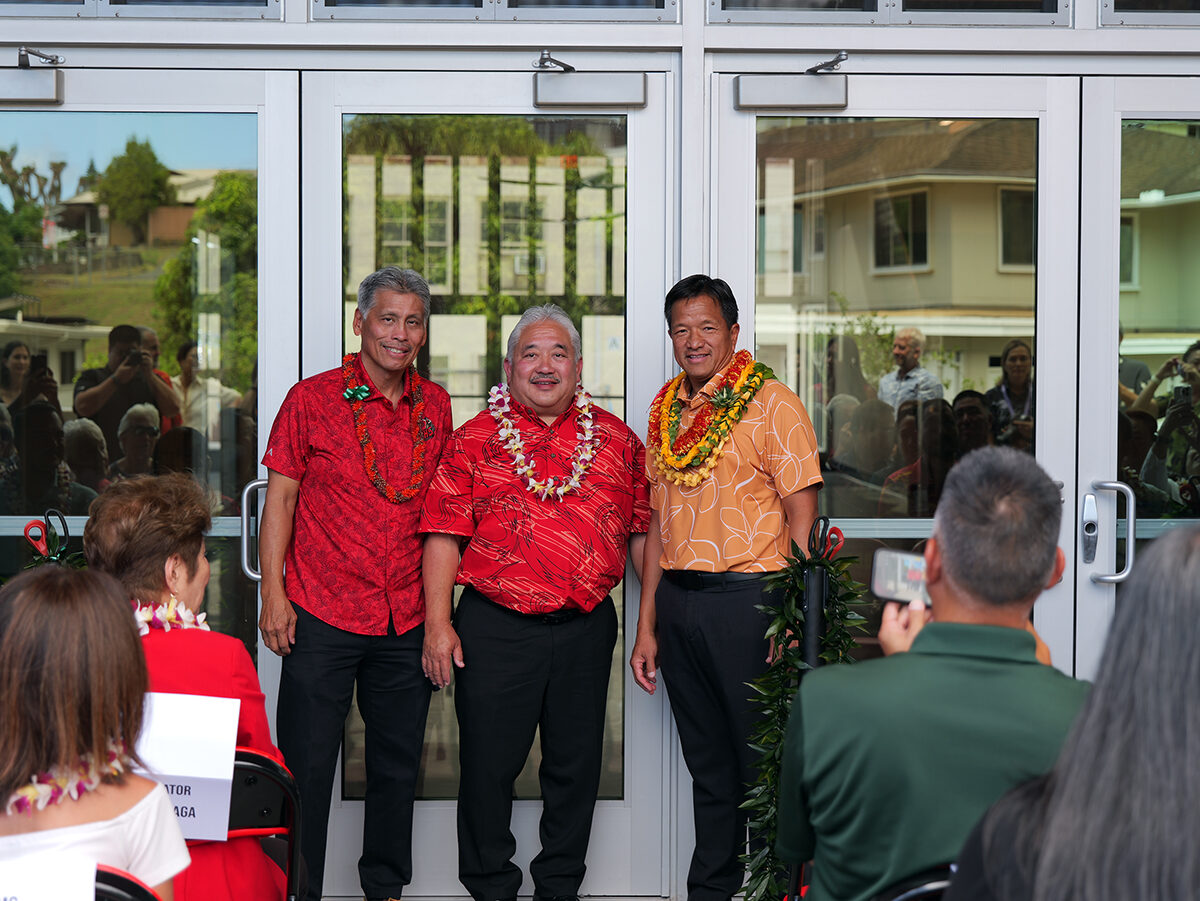 Roosevelt High Athletic Director John Chung, Superintendent Keith Hayashi and Roosevelt Principal Sean Wong during the blessing.
