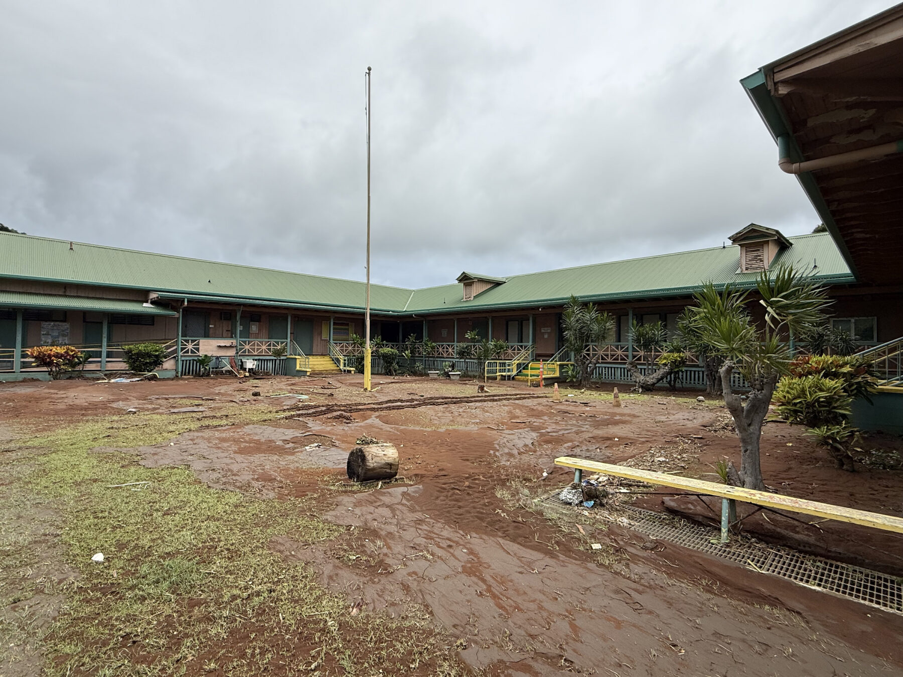 Mud and debris from Hurricane Lala filled the campus of Nā‘ālehu Elementary School.