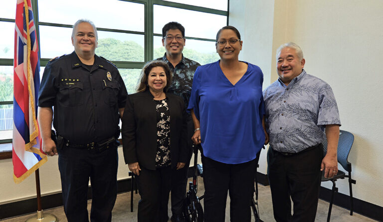 From left to right, Honolulu Police Department Interim Chief Rade Vanic, Kaimukī High School Principal Lorelei Aiwohi, Kapolei High School Principal Wesley Shinkawa, Waiʻanae High School Principal Ray Pikelny-Cook and Superintendent Keith Hayashi after a press conference on Jan. 14. The three schools are participating in a pilot program introducing school resource officers onto their campus.