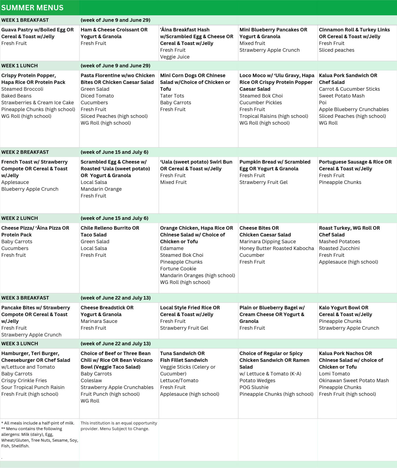 Menu of breakfast and lunch options being served during the summer.