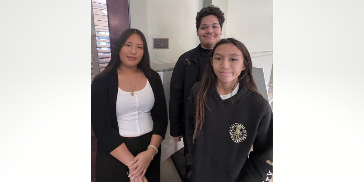 From left to right, students Kūlia Numazawa-Larnio, a ninth grader at Kanu O Ka ‘Aina Charter School, Tapu Hakaumotu, a 2025 Kaua‘i High graduate, and Caleb Saiki-Fabro, an eighth grader at Chiefess Kamakahelei Middle School, were invited to attend a Kaua‘i County Council meeting on Jan. 7.