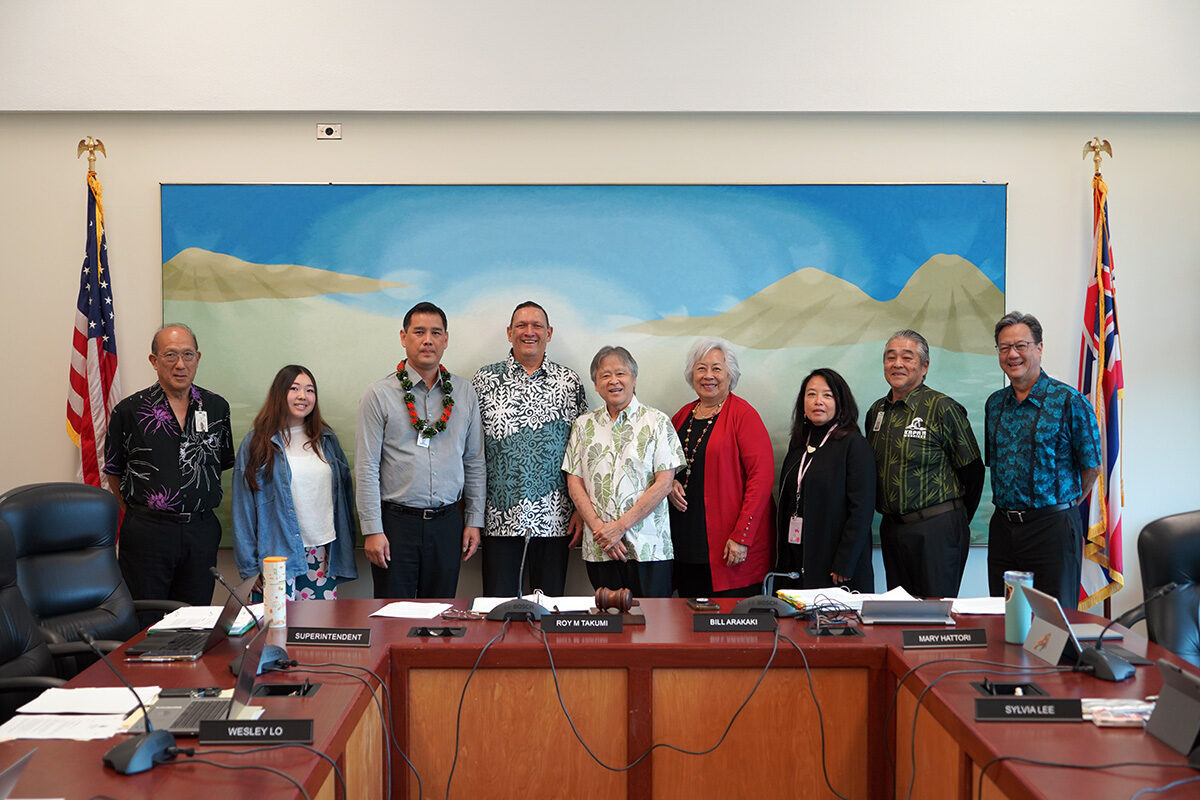 Jon Henry Lee, third from left, was approved as complex area superintendent overseeing schools in the Campbell-Kapolei Complex Area in West O‘ahu during the Feb. 13 Hawai‘i State Board of Education meeting. Lee is pictured with the board during the meeting.