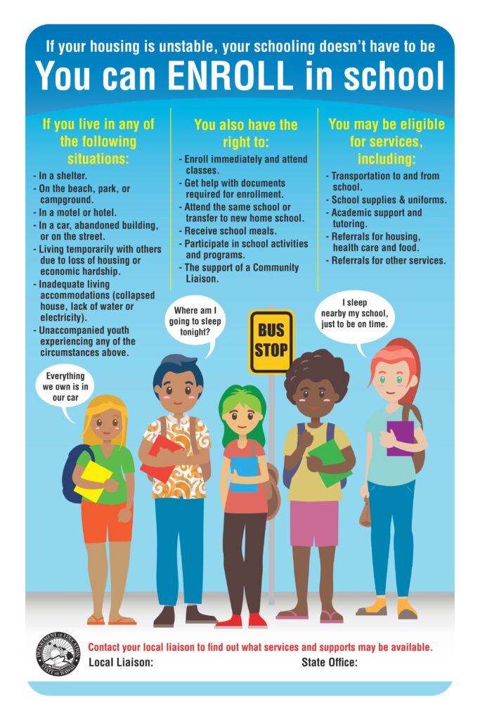 If your housing is unstable, you can enroll in school. Contact your local school liaison.