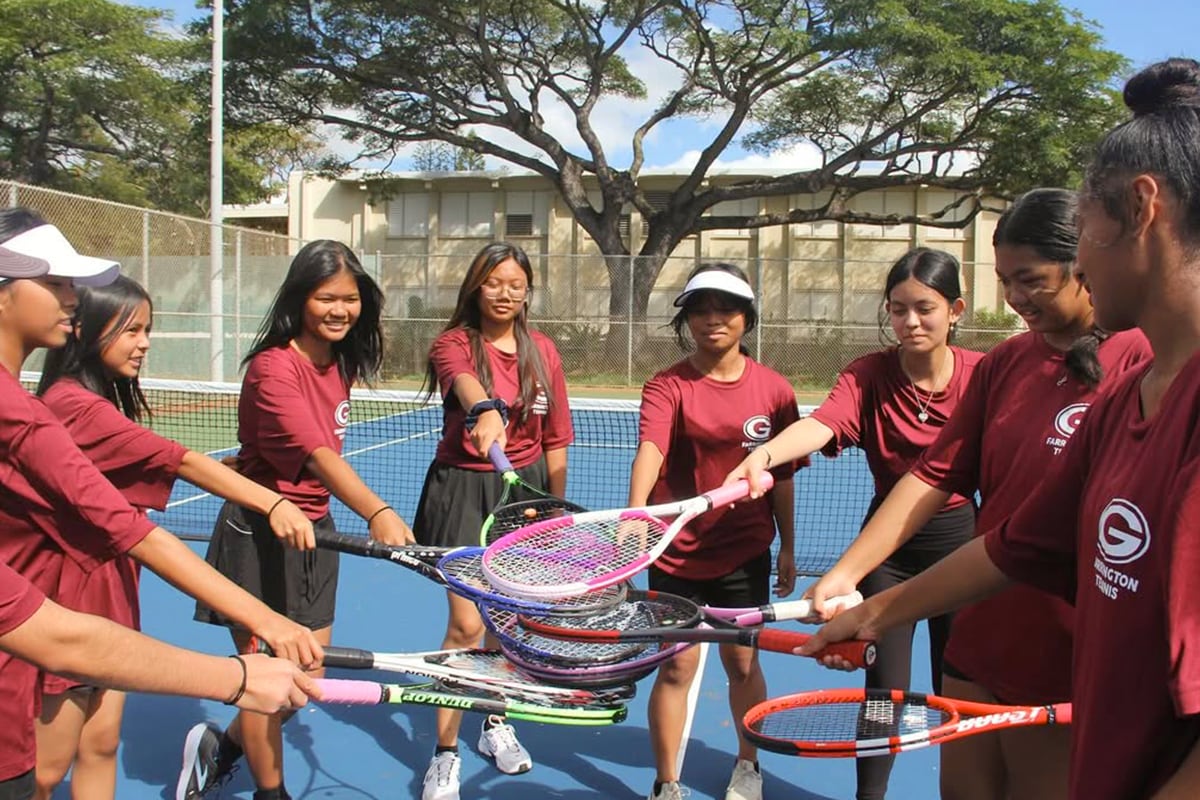 Female tennis players holding their rackets