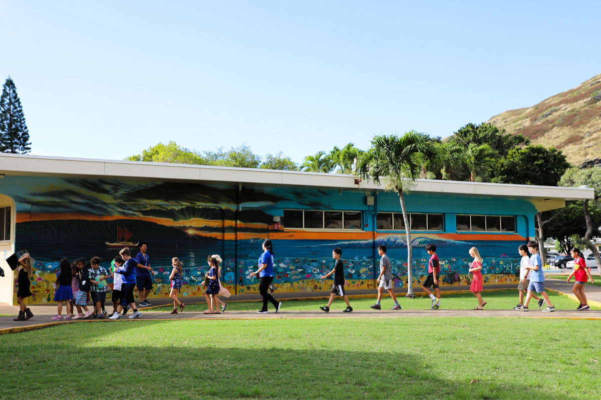 students walking on sidewalk