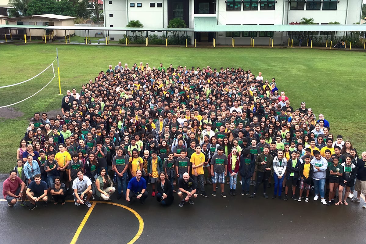 overhead shot of students and staff