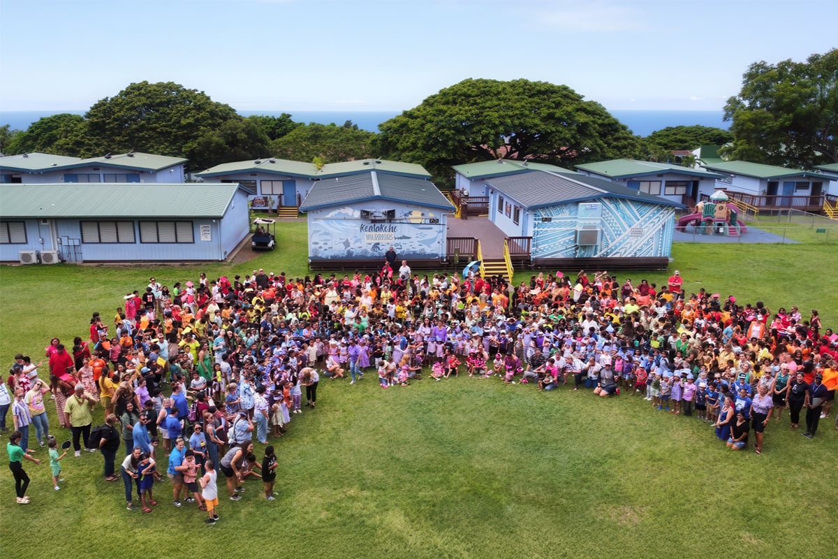 overhead shot of students and staff