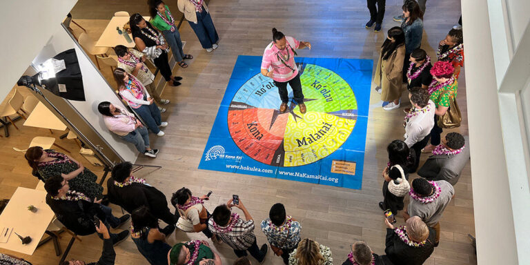 Lāiana Kanoa-Wong, a graduate of Ke Kula Kaiapuni ʻo Ānuenue, educates the animation team at Disney and media members about the Hawaiian star compass and how it’s used for navigation as they prepared to work on Moana 2 in Burbank, Calif., in 2024. Photo courtesy: Disney Animation Studio