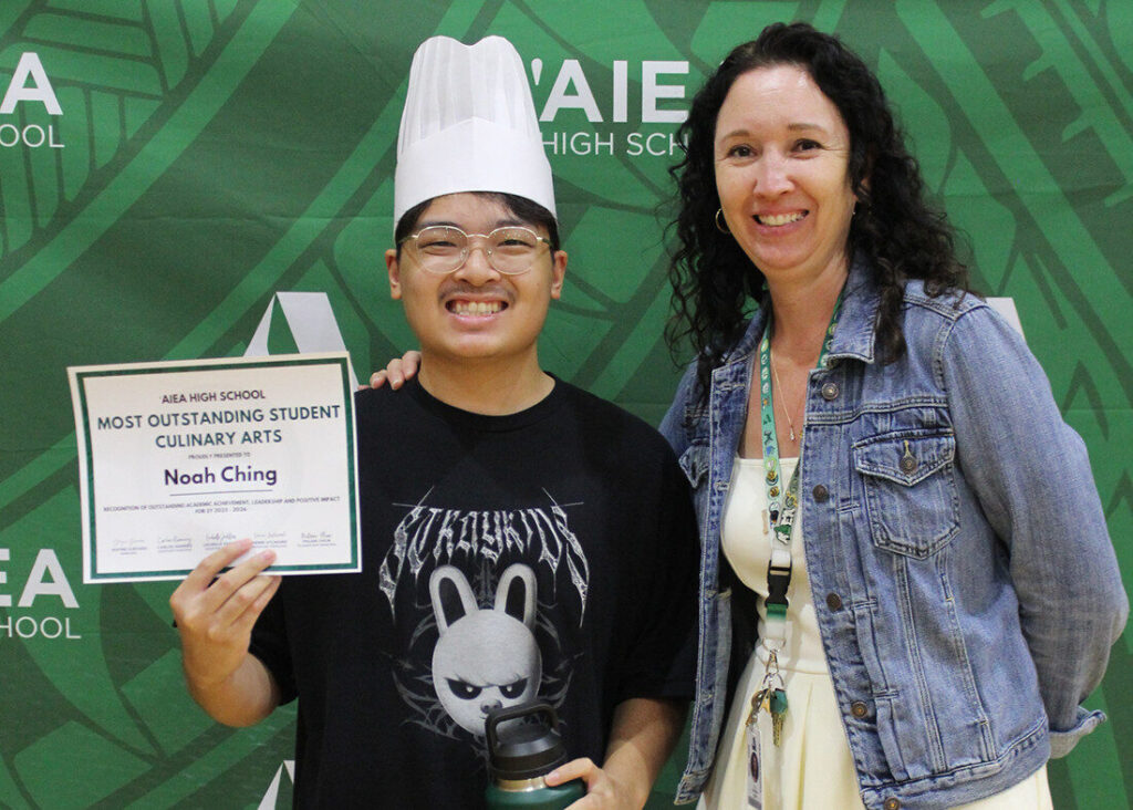 ‘Aiea High School senior Noah Ching, who was named the Most Outstanding Student in Culinary Arts, is pictured with culinary teacher Emily Mendoza, the 2026 ‘Aiea-Moanalua-Radford Complex Area Teacher of the Year. Photo courtesy: Noah Ching / ‘Aiea High School