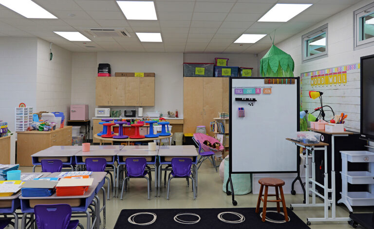 A classroom located in one of the new buildings.