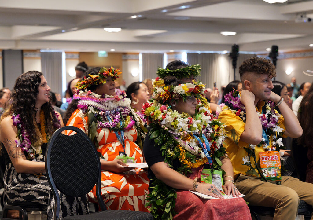 Complex Area Teachers of the Year sit during the awards ceremony. In the front row from left to right are Haley Agbayani of Pāhoa Elementary and Fahri Arik of Kūlia Academy. Seated behind them are Kileigh Sanchez of Wai‘anae Intermediate, Cheriesse Tolu of Kailua High and Adam Tuifagu of Kalaniana‘ole Elementary.