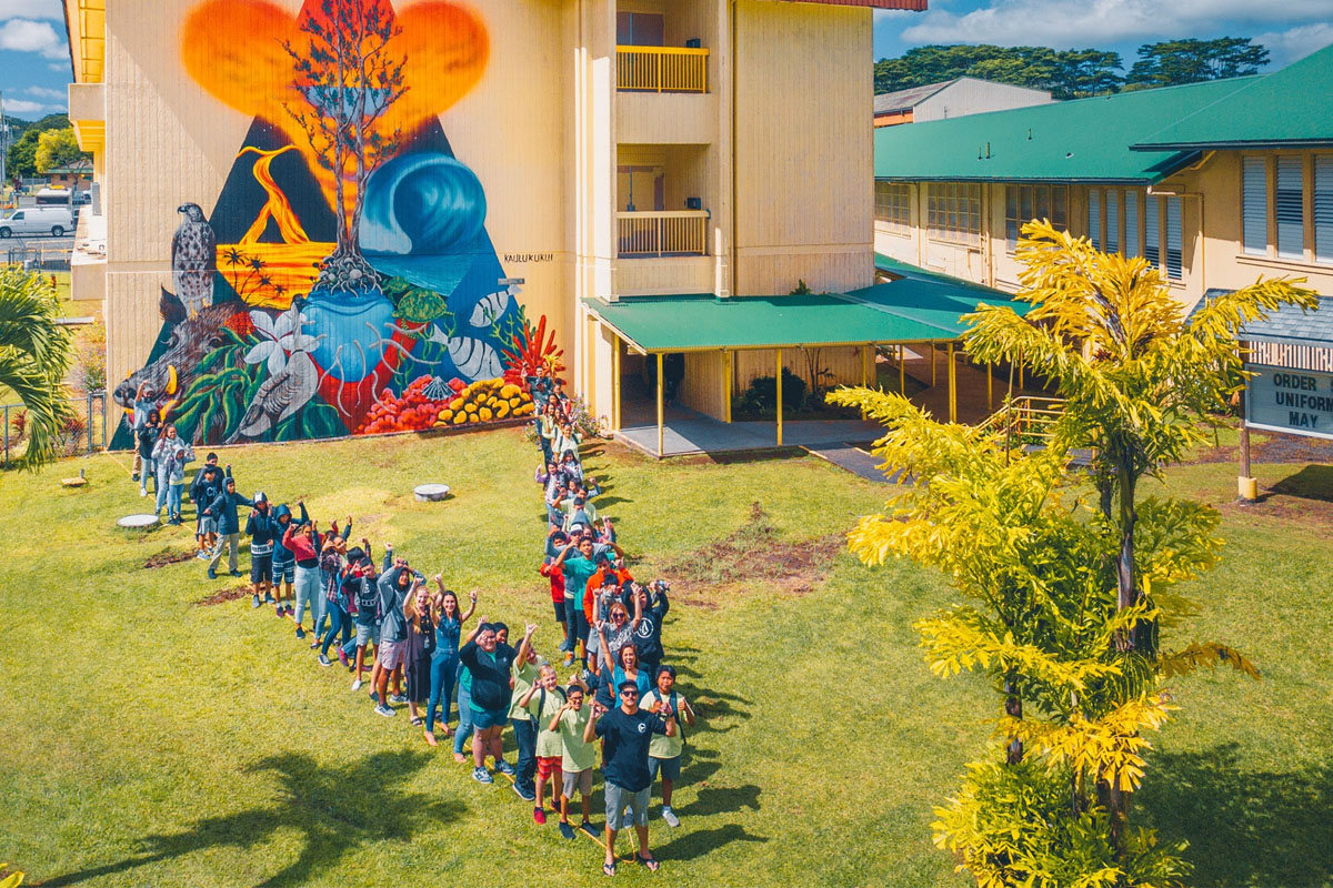 students and staff standing in front of a mural