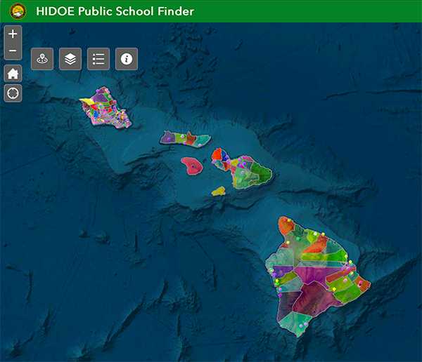 Image of the user interface of the HIDOE Public School Finder App